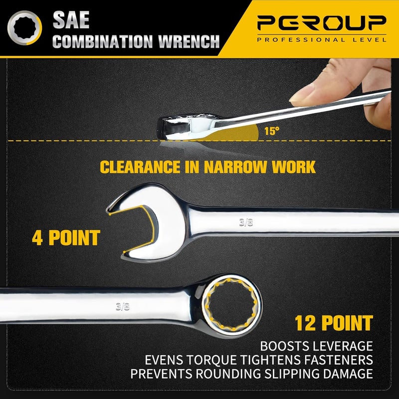 pgroup 3/8" SAE Combination Wrench, CR-V Steel with Mirror Polish, 12-Point Design, 15-Degree Offset, Perfect for Auto Repair, Household, Car & Truck Emergency - Image 5